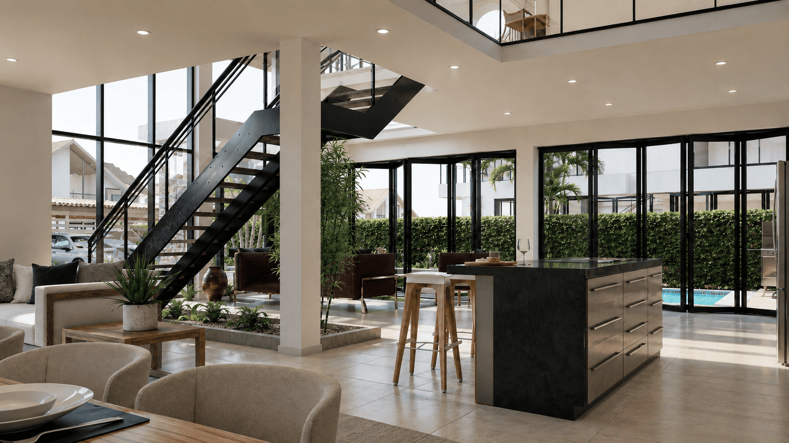 Photorealistic interior architectural visualization of the Urapanes residential model in Fusagasugá Colombia
