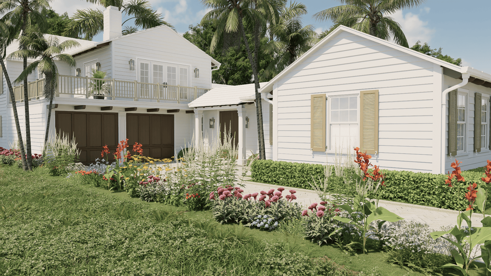 Photorealistic 3D rendering of a luxury white two-story coastal home with tropical landscaping at 3609 Washington Rd, Southland Park Historic District, West Palm Beach
