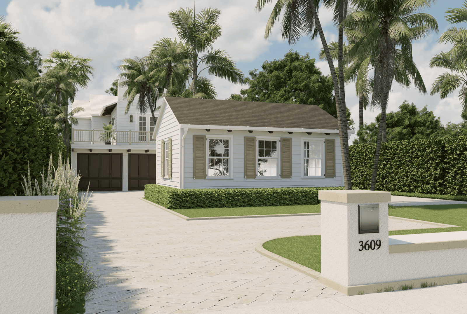 Front right elevation 3D rendering of 3609 Washington Rd, showing a white guest house with shutters, tropical landscaping, a paved driveway, and the address marker in West Palm Beach.