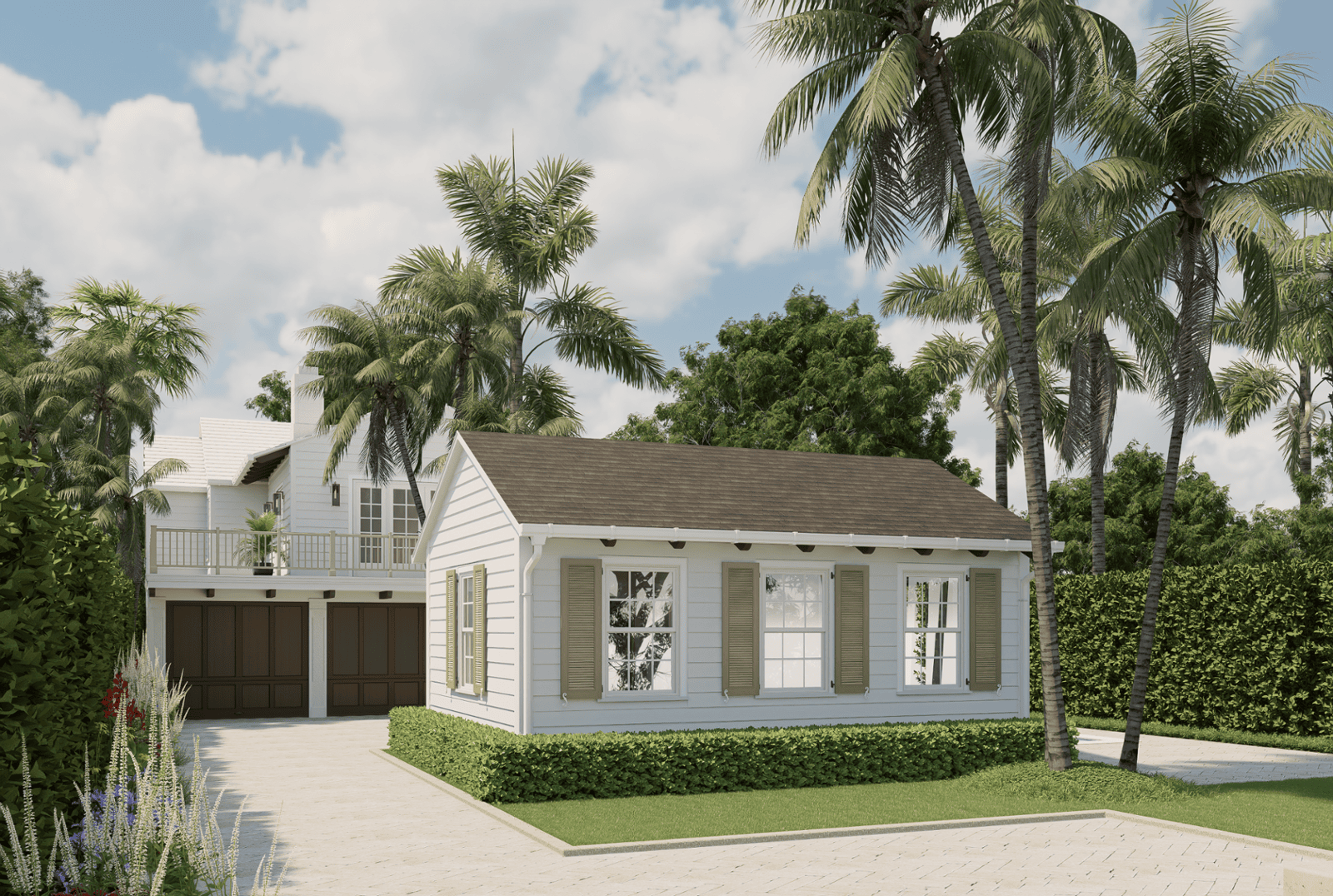 Wide 3D exterior view of 3609 Washington Rd showing a detached guest house with shutters, tropical landscaping, and a driveway leading to a two-car garage in Southland Park, West Palm Beach.