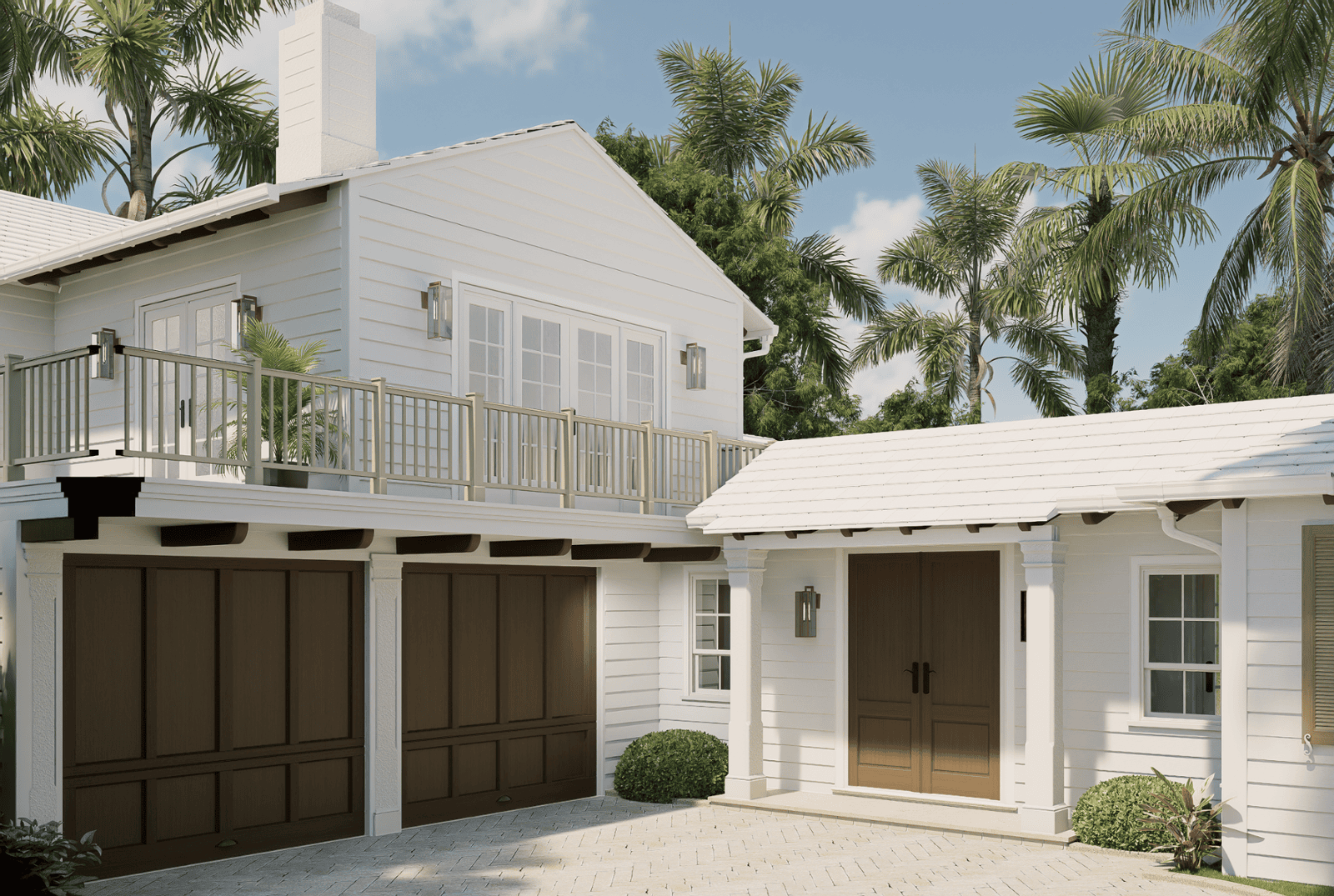 Detailed 3D rendering of garage and side entry of a white coastal-style luxury home with brown double doors and tropical palm landscaping in West Palm Beach.