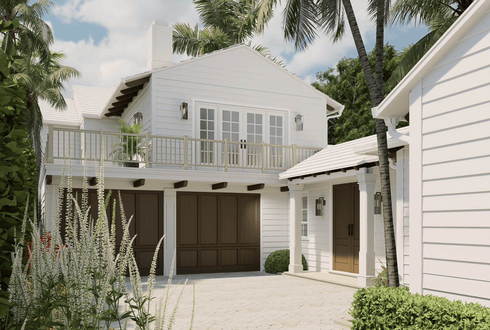 Front courtyard view of a luxury two-story coastal home with white siding, dark wood garage doors, and balcony, surrounded by palm trees in Southland Park, West Palm Beach.