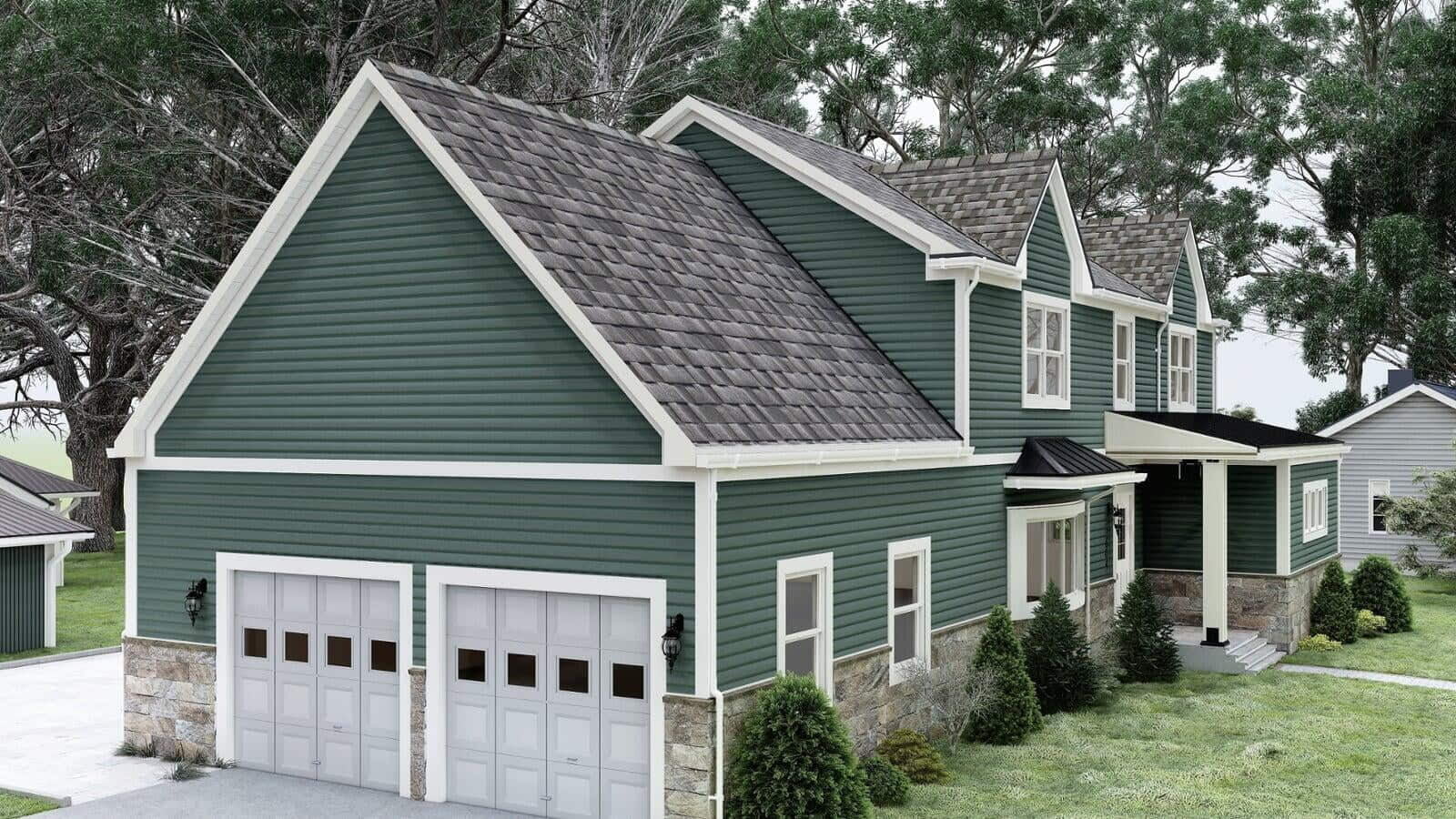 Digital rendering of a green two-story modular home with a dark gray roof, a double garage, and a front yard with well-maintained shrubs and grass.