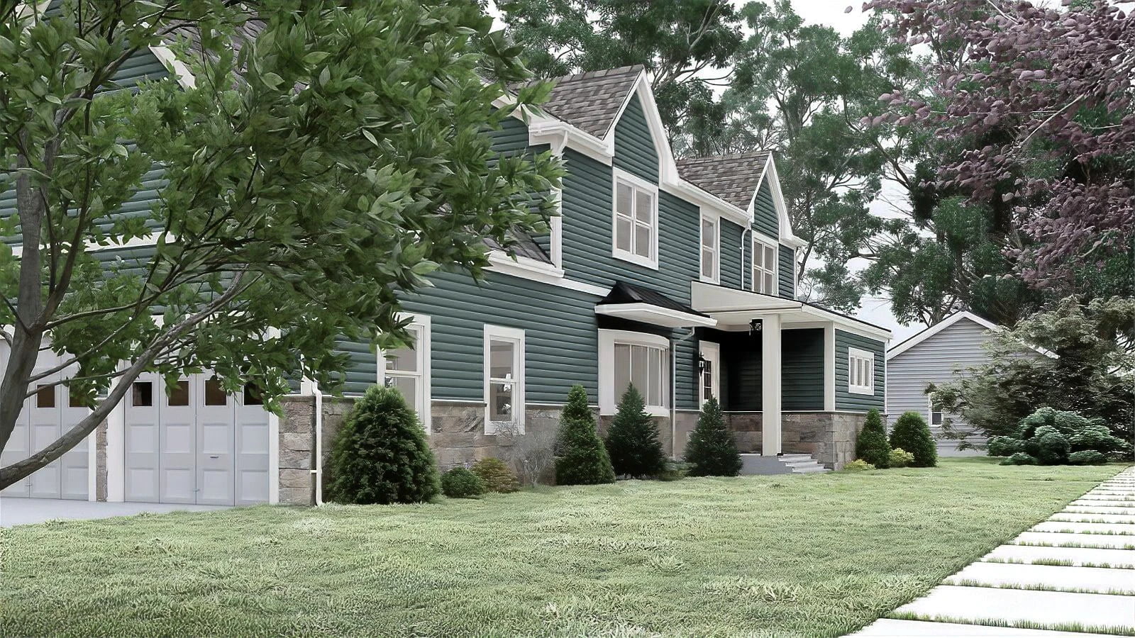 Digital rendering of a green modular home with white trim and multiple gables, featuring a front porch, shrubs, and a neatly trimmed lawn.