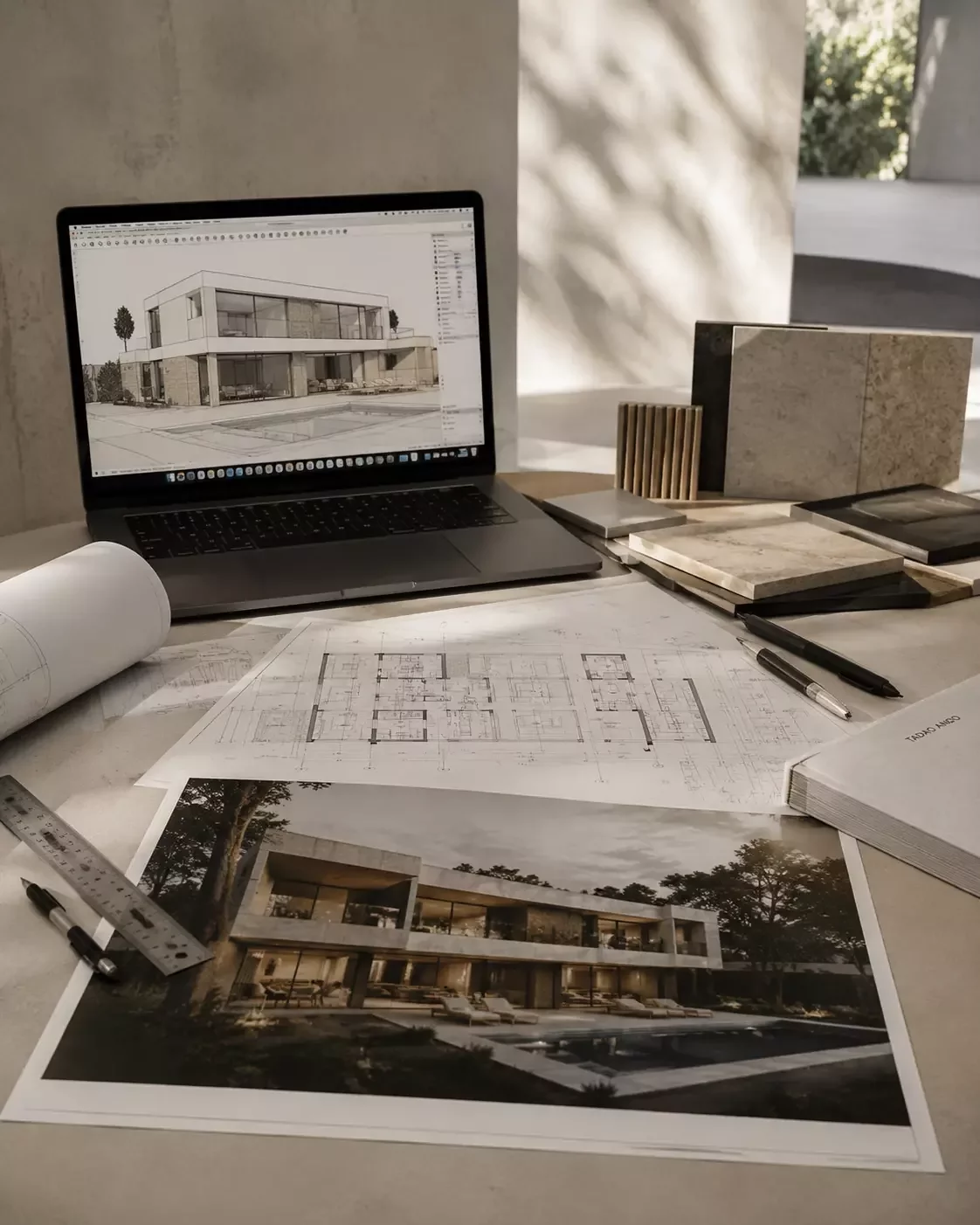 Proceso de visualización arquitectónica con planos, modelo 3D, materiales y render fotorrealista en Pereira