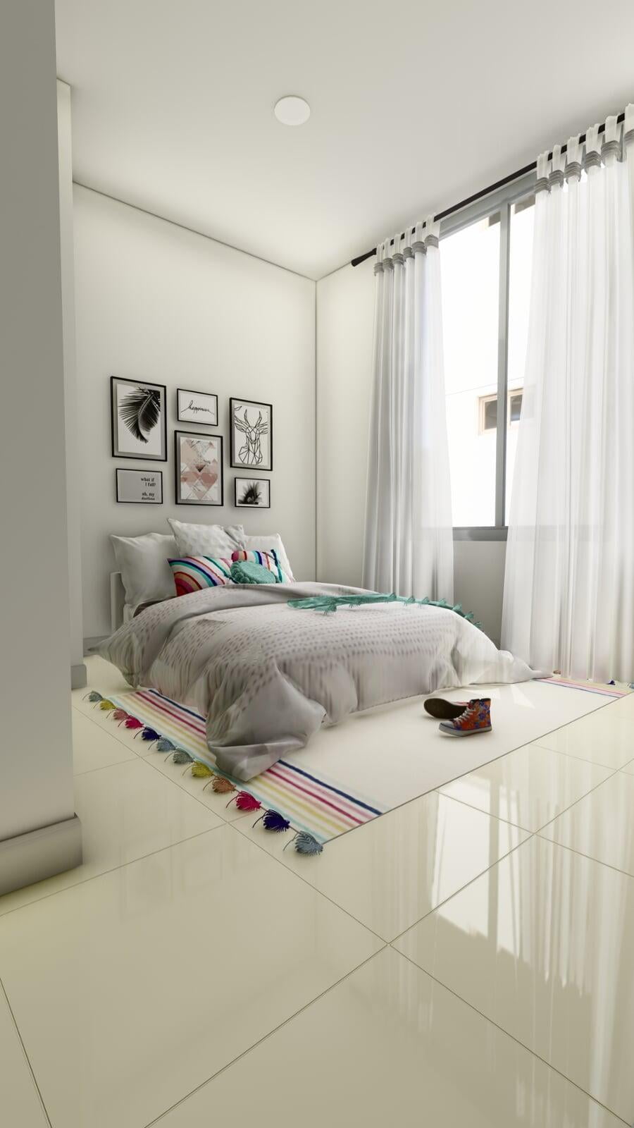 Bright and modern bedroom with a white theme, featuring a bed with colorful pillows, framed artwork on the wall, and light curtains by the window.