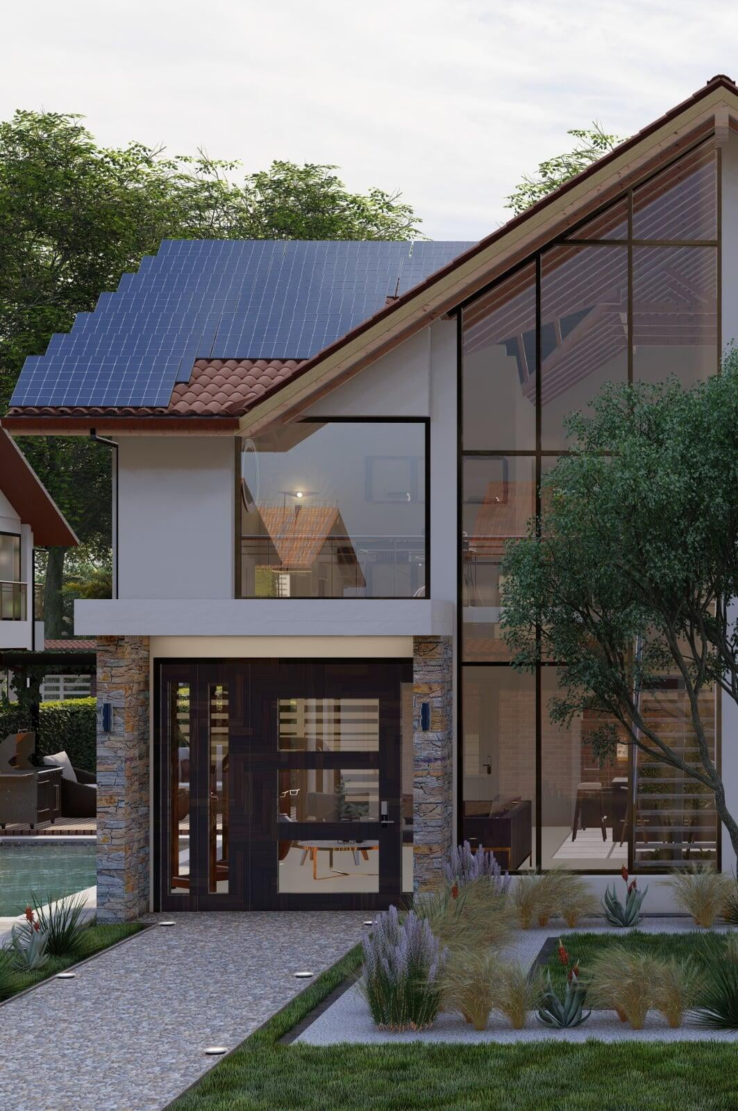 A 3D rendering of a contemporary home featuring large glass windows and a mixture of exterior materials, including white stucco, wood, and natural stone. The roof is partially covered with solar panels, enhancing the house's modern and eco-friendly design. The front view displays a clear glass doorway that leads into a warmly lit interior with visible furniture, suggesting a comfortable and stylish living space. Landscaped with ornamental grasses and flowering plants, the front garden adds a touch of nature, while a pebble pathway provides a clean approach to the entrance."  Regarding the time it takes for exterior rendering:  The duration of creating an exterior rendering like this can vary significantly depending on several factors:  Complexity of the Design: More complex designs with detailed textures, materials, and additional elements such as landscaping or furniture require more time. Resolution and Quality: Higher resolution and more detailed renderings take longer to produce. Professional Capacity: The experience and resources of the rendering team can affect speed. More experienced professionals or teams with better software and hardware can complete projects faster. Client Revisions: The number of changes requested by the client can extend the timeline. Typically, a high-quality exterior rendering for real estate purposes can take anywhere from a few days to a couple of weeks. For commercial projects or highly detailed renderings, it might take longer to perfect all aspects of the visualization.