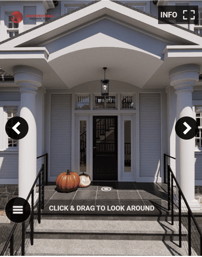 A digital rendering of a stately front porch entrance to a house, prominently featuring a pair of white columns supporting a triangular pediment roof. The porch is adorned with a hanging lantern-style light fixture above and two large pumpkins beside the steps, hinting at autumnal decor. A subtle 'Click & Drag to Look Around' interaction prompt suggests a virtual tour capability, with the logo 'ARCHITECTURAL PHOENIX TEAM' in the upper left, indicating the creator or the virtual tour provider
