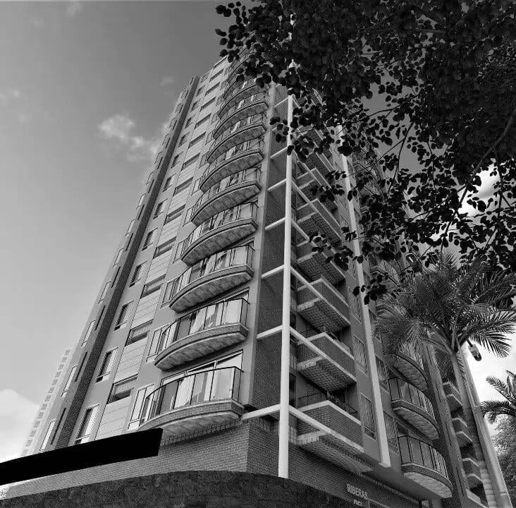A black and white 3D rendering of a modern high-rise apartment building in Cali, Colombia, created by the Architectural Phoenix Team. The building features a curved facade with balconies on each floor, providing a panoramic view of the surroundings. The exterior includes prominent white structural columns that contrast sharply with the dark window frames and balcony railings. Lush palm trees flank the building, adding a tropical touch to the urban environment. The overall composition highlights the integration of contemporary architecture with natural elements.