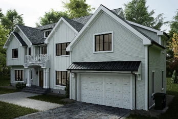 Photorealistic 3D rendering of a classic white two-story house on Fairmount Ave in Chatham Township, NJ, featuring a detached garage, slate roof, and manicured front lawn.