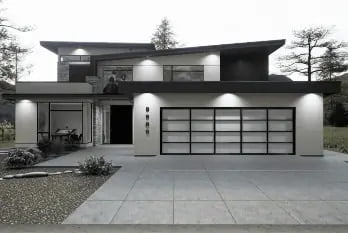 Photorealistic 3D rendering of a contemporary two-story house featuring expansive glass windows, multiple balconies, and integrated outdoor living spaces. The house is surrounded by lush greenery and a small water feature, enhancing the luxurious appeal of the property.