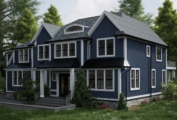Photorealistic 3D rendering of a luxurious two-story suburban home in Upper Saddle River, New Jersey, featuring a deep blue facade, white trim, and multiple gables, surrounded by lush greenery