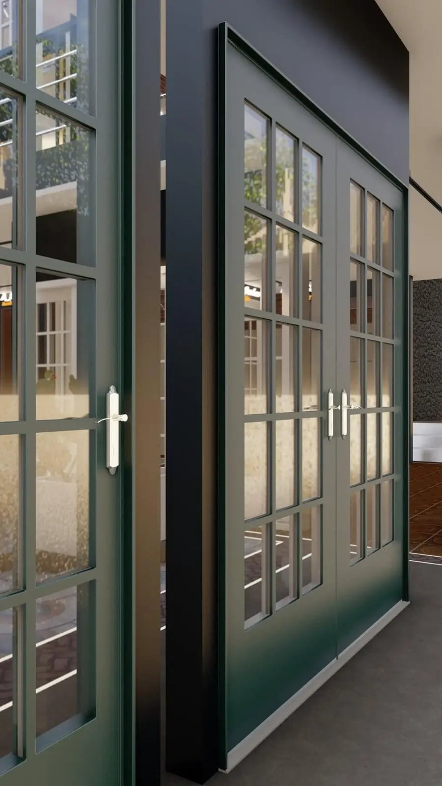 A close-up view of elegant wood patio doors by Andersen Windows & Doors, rendered in 3D. The doors are painted in a deep forest green, featuring multiple glass panes that allow for ample natural light to filter through. Each door is fitted with long, sleek, white handles that contrast with the dark frame, enhancing the door's modern aesthetic. The design is sophisticated yet functional, showcasing the doors as they open to an outdoor patio, providing a glimpse of a tranquil exterior setting.