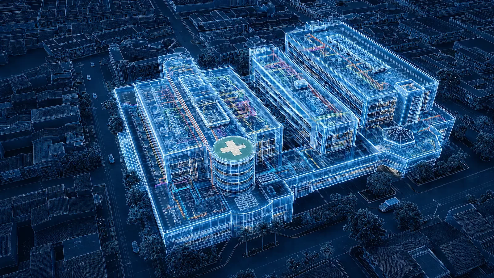 Technical blueprint architectural visualization of Hospital Tomás Uribe Uribe in Tuluá Colombia