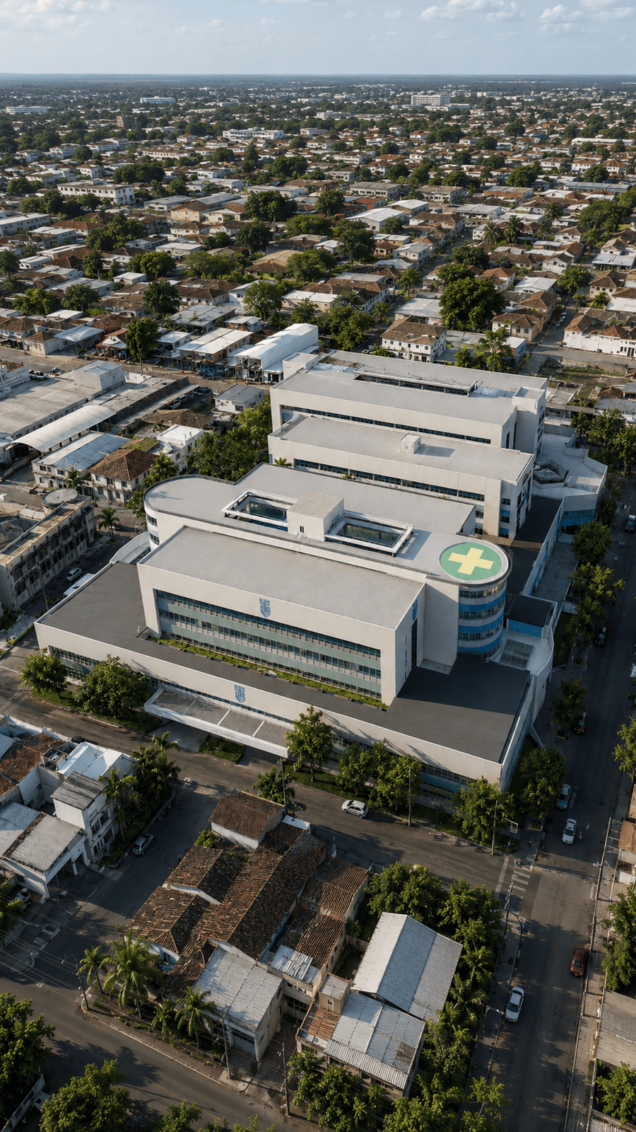 Aerial architectural visualization of Hospital Tomás Uribe Uribe in Tuluá