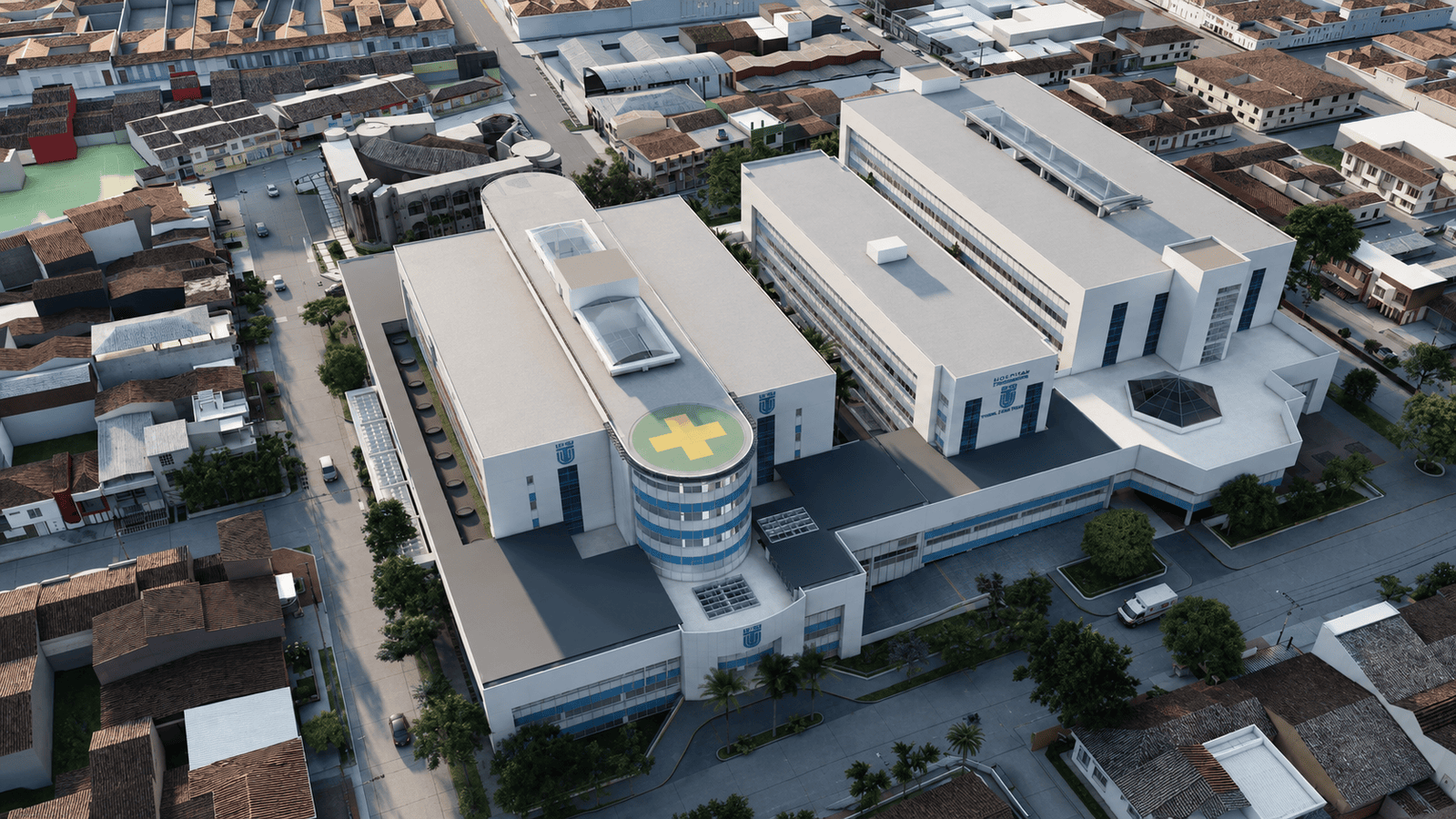 Aerial isometric 3D rendering of Hospital Tomás Uribe Uribe in Tuluá showing hospital massing access and surrounding urban context