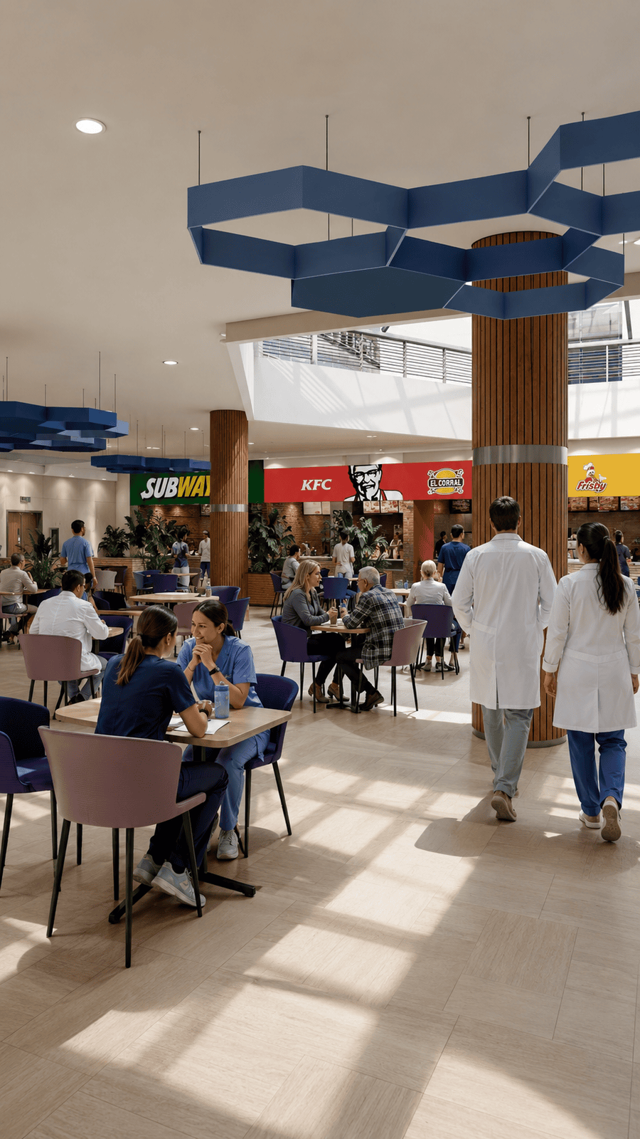 Hospital food court 3D rendering for Hospital Tomás Uribe Uribe