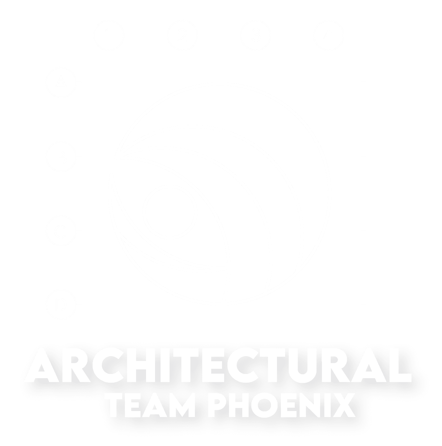 A logo of the Architectural Phoenix Team displayed on a black background. The logo consists of a stylized, white abstract phoenix composed of swirling lines and circles, creating a dynamic and elegant appearance. The design is overlaid on a grid that includes labels with numbers across the top from 1 to 4 and letters down the side from A to D, suggesting precise planning and design elements. Below the image, the name 'ARCHITECTURAL TEAM PHOENIX' is written in bold, slightly transparent white letters, emphasizing the team's identity in the field of architecture.