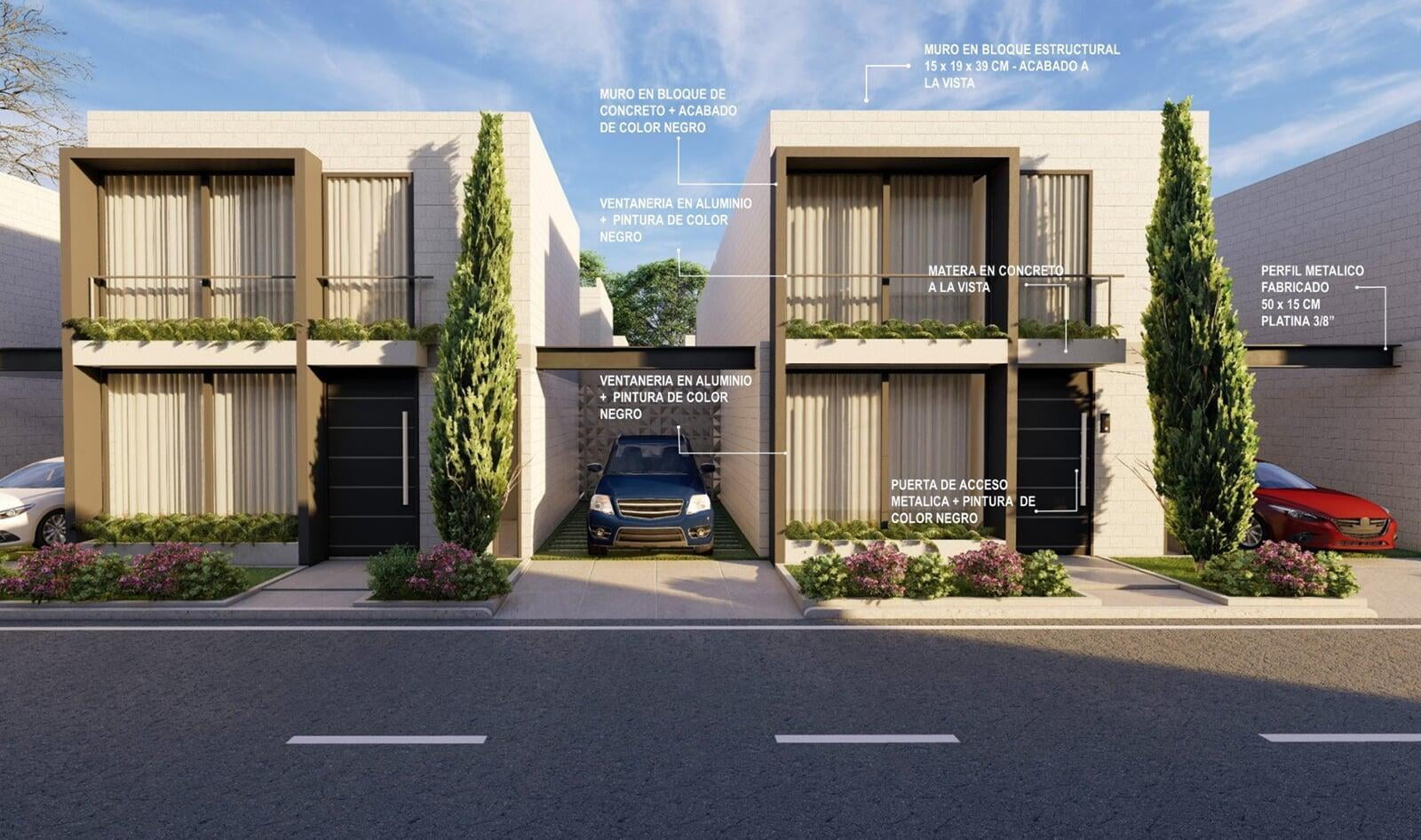 "Architectural rendering of a modern duplex with detailed annotations of building materials. The facade features structural block walls with a black finish, visible concrete beam details, and black painted aluminum windows. The design includes a metallic entrance door, also painted black, with a car parked under a sheltered driveway. Landscaping with small shrubs and flowers enhances the aesthetic appeal."