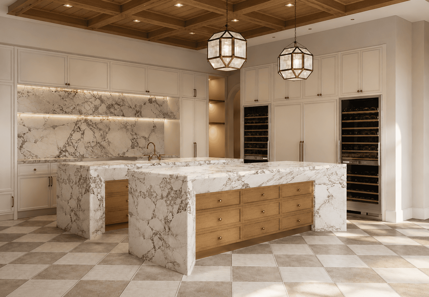 Luxury kitchen interior 3D rendering with photorealistic materials and lighting by Architectural Phoenix Team