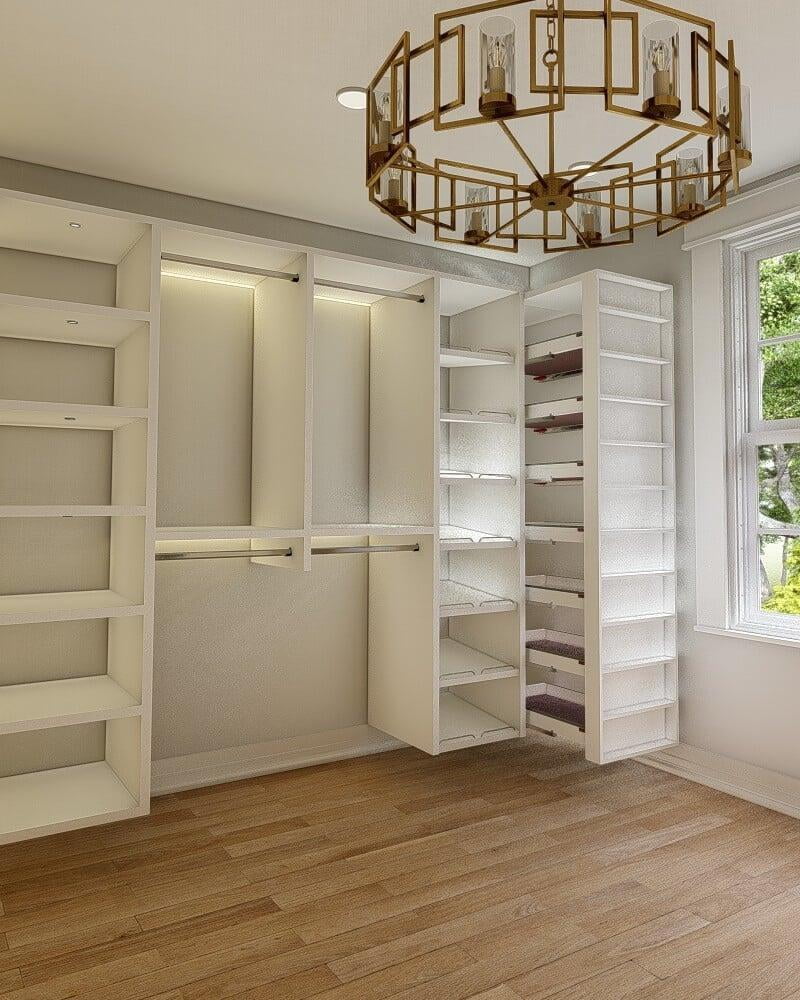 3D visualization of an elegant walk-in closet with white custom shelving. The closet features multiple sections for hanging clothes and shelves for shoes and accessories. A large, ornate brass chandelier hangs from the ceiling, adding a touch of luxury. Natural light streams in from a window on the right, highlighting the warm wooden flooring.