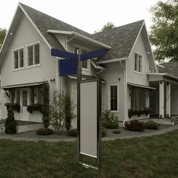 Elegant two-story suburban house with a gray asphalt driveway and well-manicured lawn, featuring white siding, steep gable roofs, and a prominent real estate sign. The serene atmosphere is complemented by mature trees and tasteful landscaping around the property.