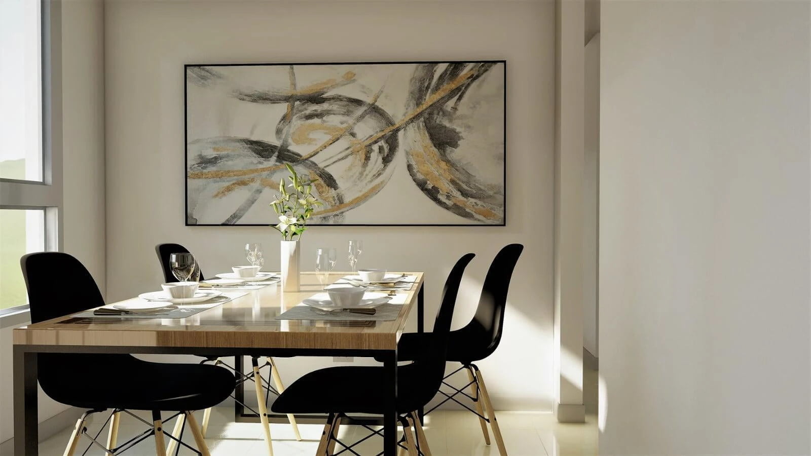 3D rendering by architectural visualization services in Cali, Colombia, featuring a modern dining area with a wooden table set for four, black chairs, and a large abstract painting on the wall. Natural light streams in through a window, highlighting the elegant table settings and a vase with fresh flowers.