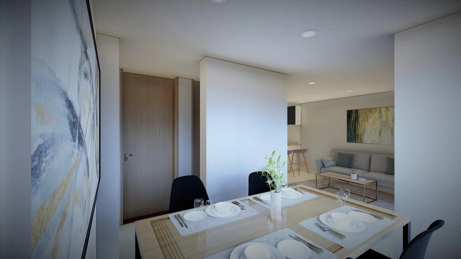 3D rendering of a sleek, modern dining and living area with a dining table set for four, featuring black chairs and a vase with fresh greenery. In the background, a cozy lounge area with a light gray sofa and a large abstract painting is visible, illustrating a seamless blend of dining and relaxation spaces
