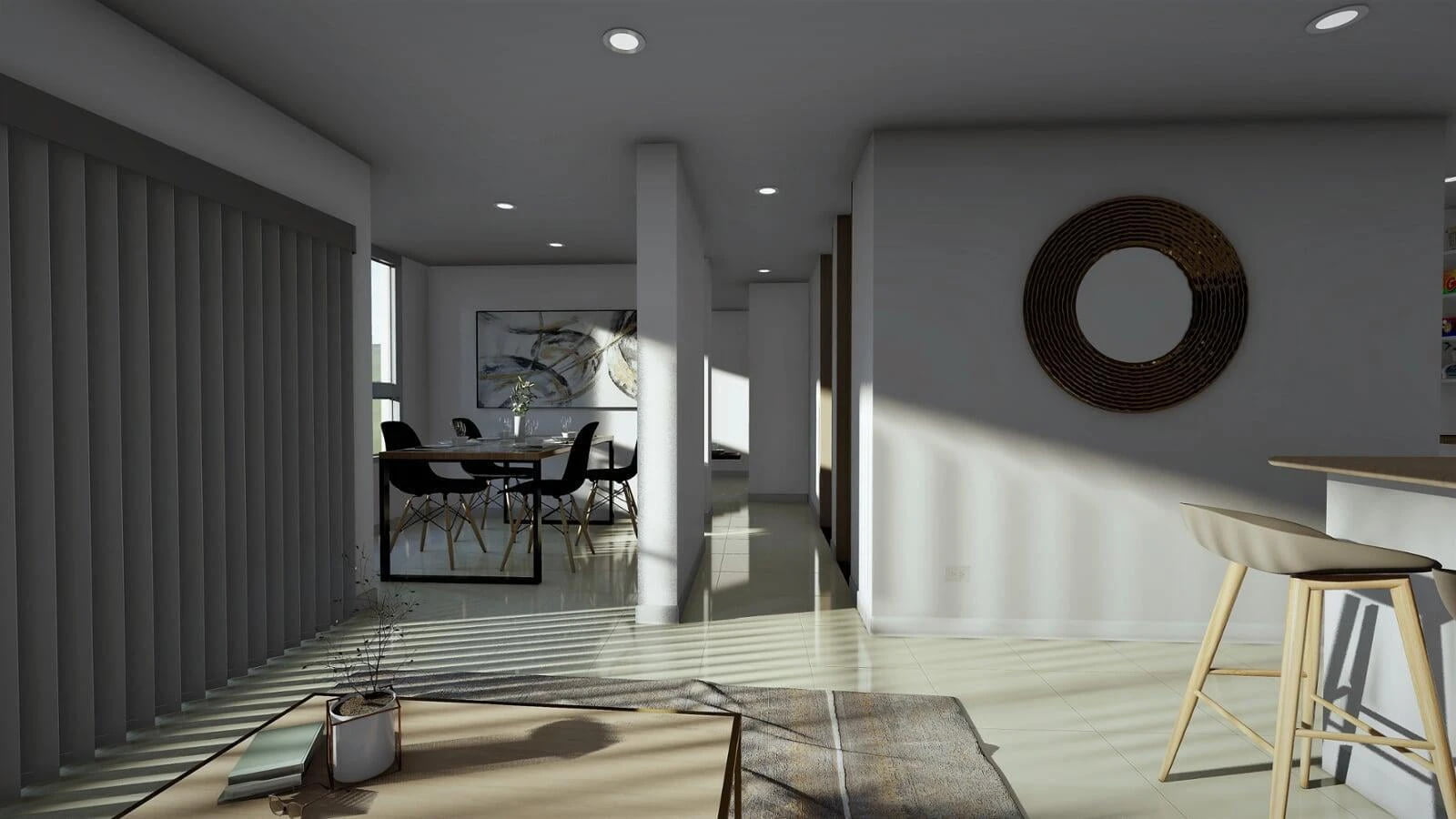 3D rendering by a visualization service in Cali, Colombia, showcasing a spacious modern interior with a dining area featuring a black table and chairs, a decorative round mirror on the wall, and a stylish kitchen bar with stools. Natural light floods the space through large windows, casting shadows on the tiled floor.