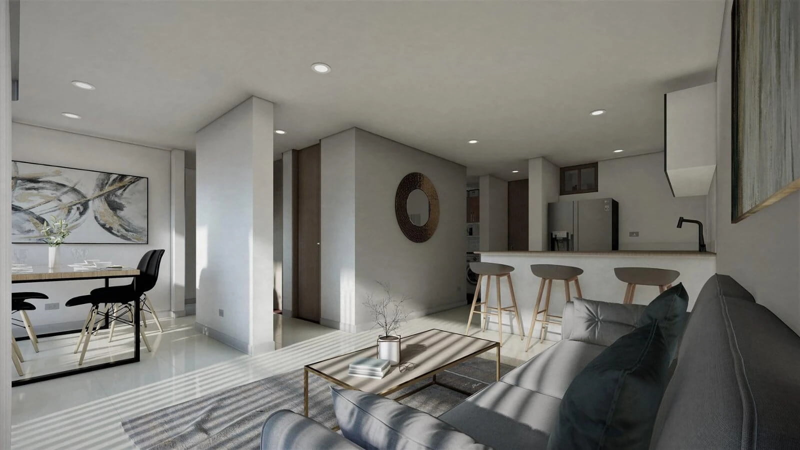 3D rendering of a contemporary open-plan living space featuring a lounge area with a gray sofa and glass coffee table, a dining area with a black table and chairs under a large abstract painting, and a kitchen with a breakfast bar and wooden stools. Natural light enhances the clean, modern aesthetic.