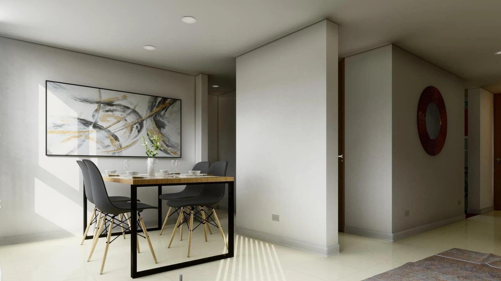 Contemporary dining room with a minimalist design, featuring a wooden table with black chairs, a large abstract painting on the wall, and elegant decor accents.