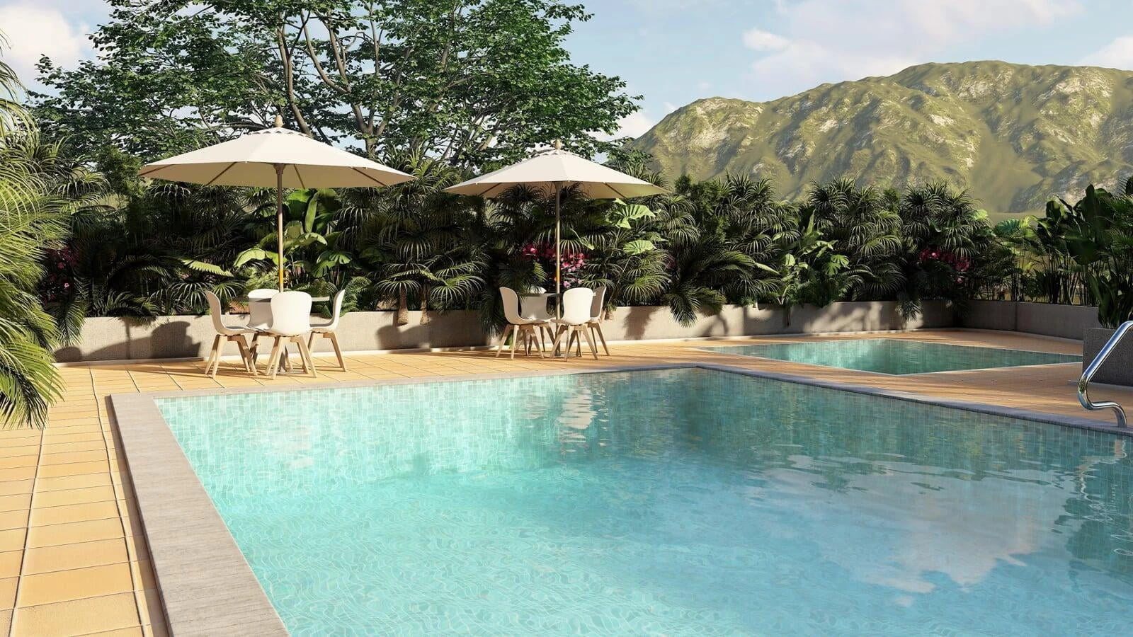 Sunny pool area with multiple loungers under umbrellas, set against a scenic mountain backdrop and tropical foliage.