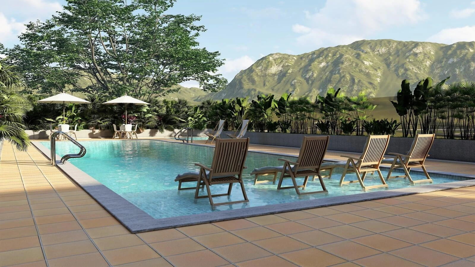 Poolside lounging area with wooden chairs and umbrellas, overlooking a large rectangular pool in a tropical setting.