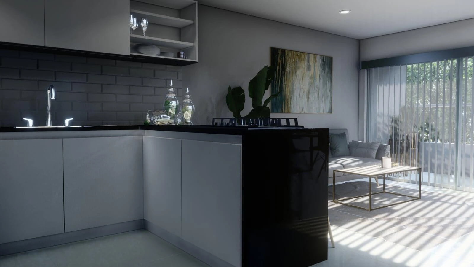 Sophisticated kitchen in a modern home with gray cabinetry, black countertops, and a dark brick backsplash. Natural light filters through sheer curtains, illuminating a contemporary living area with a sofa and coffee table, accented by an abstract painting and indoor greenery.