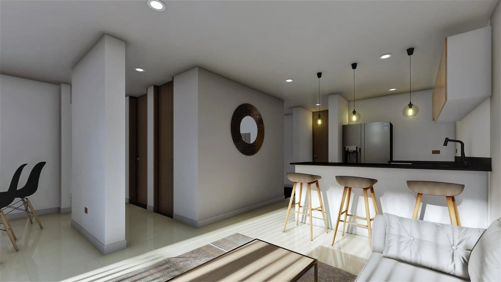 Architectural rendering for real estate visualizations showing a modern open-plan living space with a kitchen, dining, and lounge area. Features include a black dining table with chairs, a kitchen bar with wooden stools, and a cozy sofa, all under stylish pendant lights and a decorative round mirror on the wall