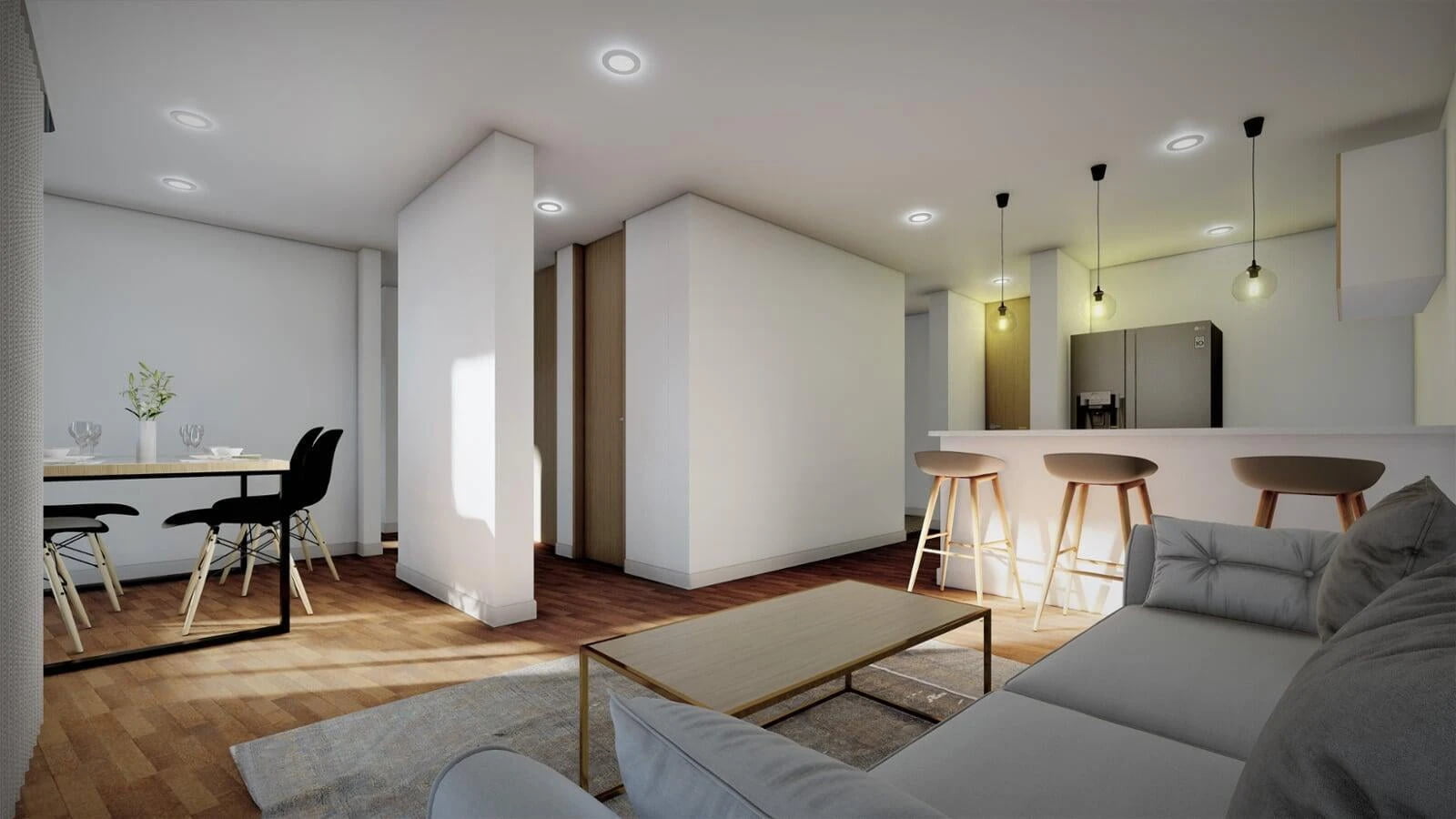 Architectural rendering of a modern open-plan living space, featuring a dining area with a black table and chairs, a kitchen with a breakfast bar and wooden stools, and a lounge area with a gray sofa and low coffee table. The design uses ceiling lights and pendant lamps, with neutral tones and a blend of natural and artificial light illuminating the space.