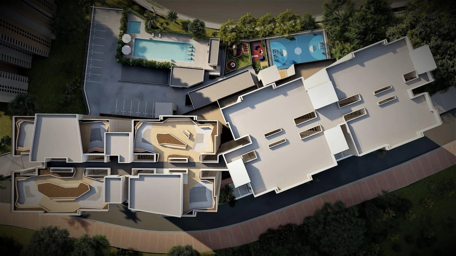 Top-down aerial view of a modern residential complex featuring various interconnected buildings, landscaped areas with pools and playgrounds, and surrounding green spaces, designed to optimize community living and outdoor activities.