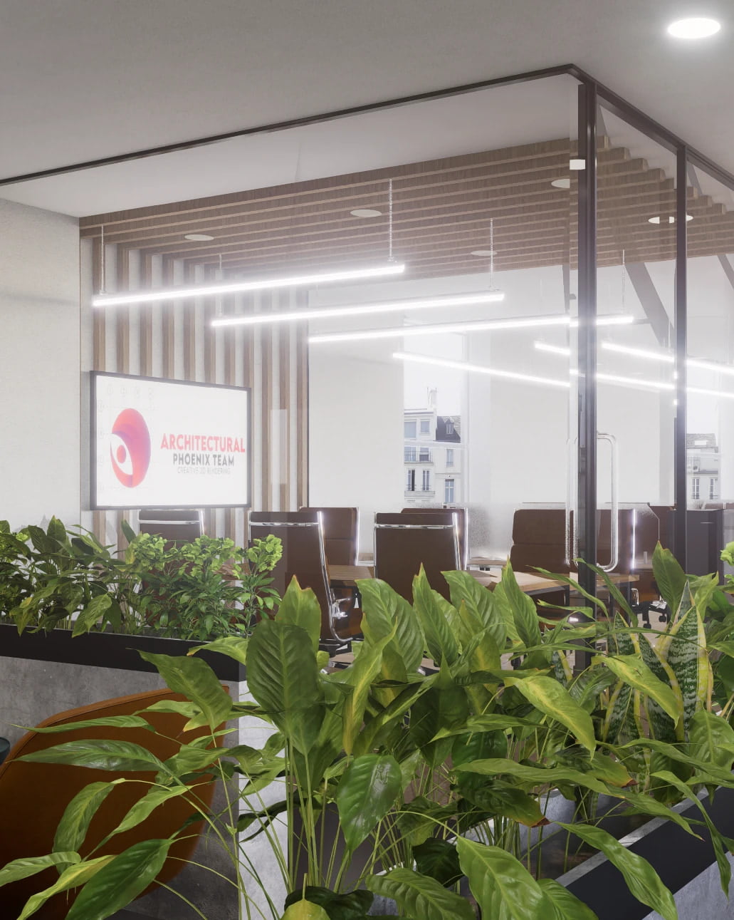This image beautifully showcases the office of the Architectural Phoenix Team in Colombia. The space features a sleek and modern design, characterized by clean lines, an open layout, and contemporary furnishings. The use of glass partitions enhances the spacious feel, while the strategic lighting highlights the architectural details like the wood-finished ceilings. Lush green plants add a vibrant touch, creating a welcoming environment. The prominent display of the company's logo on the digital screen further reinforces the professional yet cutting-edge atmosphere of your office. This setting reflects the company’s commitment to quality and innovation in architectural visualization.