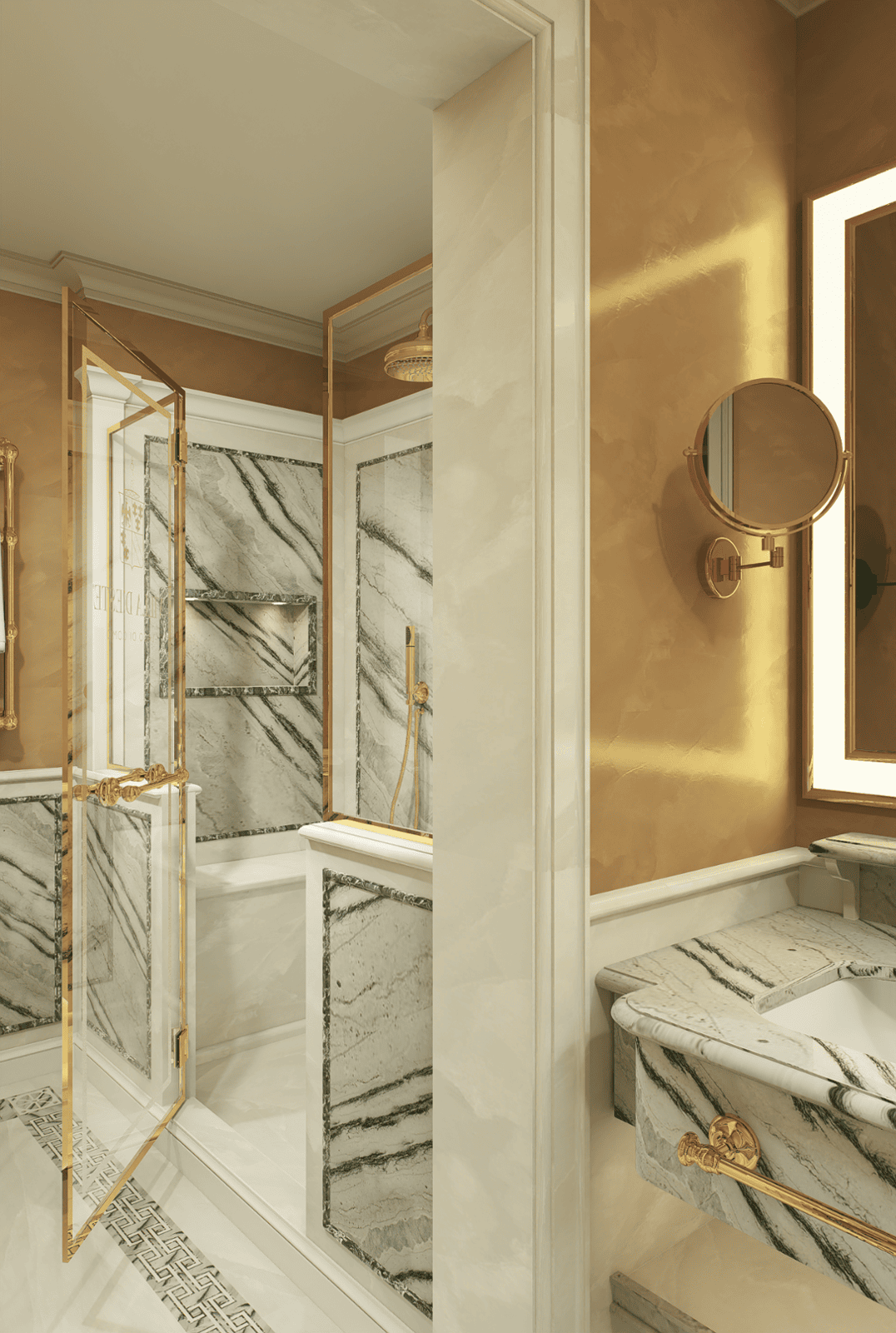 Photorealistic 3D rendering of a luxurious Villa D'Este-inspired bathroom, showcasing elegant Italian design elements such as marble finishes, intricate fixtures, and refined textures, created in collaboration between ArchFlorence Studio Architettura and Architectural Phoenix Team.