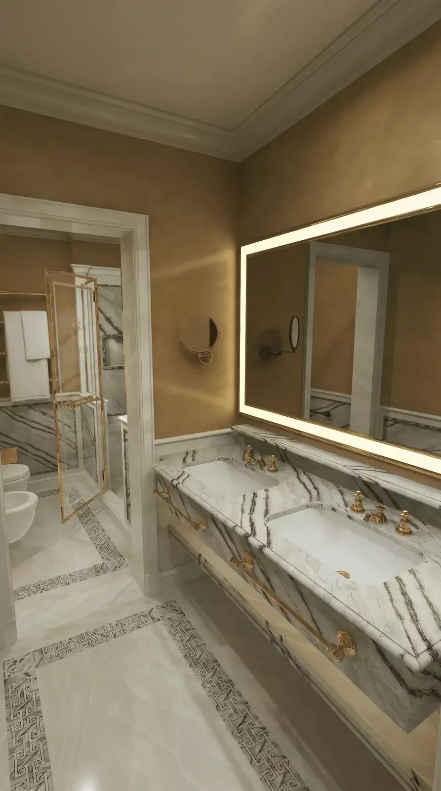 Villa d'Este luxury bathroom interior architectural visualization with marble vanity and illuminated mirror by Architectural Phoenix Team Villa d'Este luxury bathroom interior architectural visualization with marble vanity and illuminated mirror by Architectural Phoenix Team