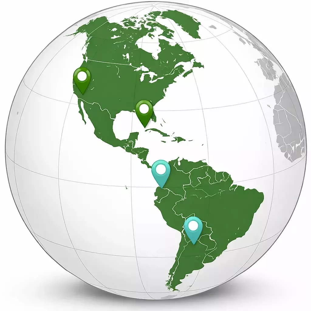 Global 3D rendering coverage map highlighting Miami, New Jersey, Florence, and Pereira.