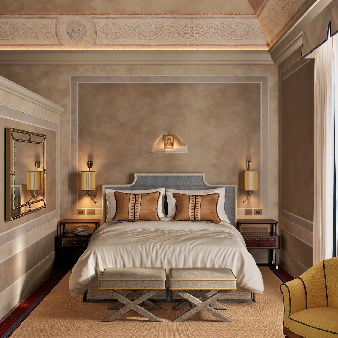 Photorealistic interior 3D rendering of a luxury bedroom with warm lighting, detailed wall moldings, and staged furniture for real estate marketing.