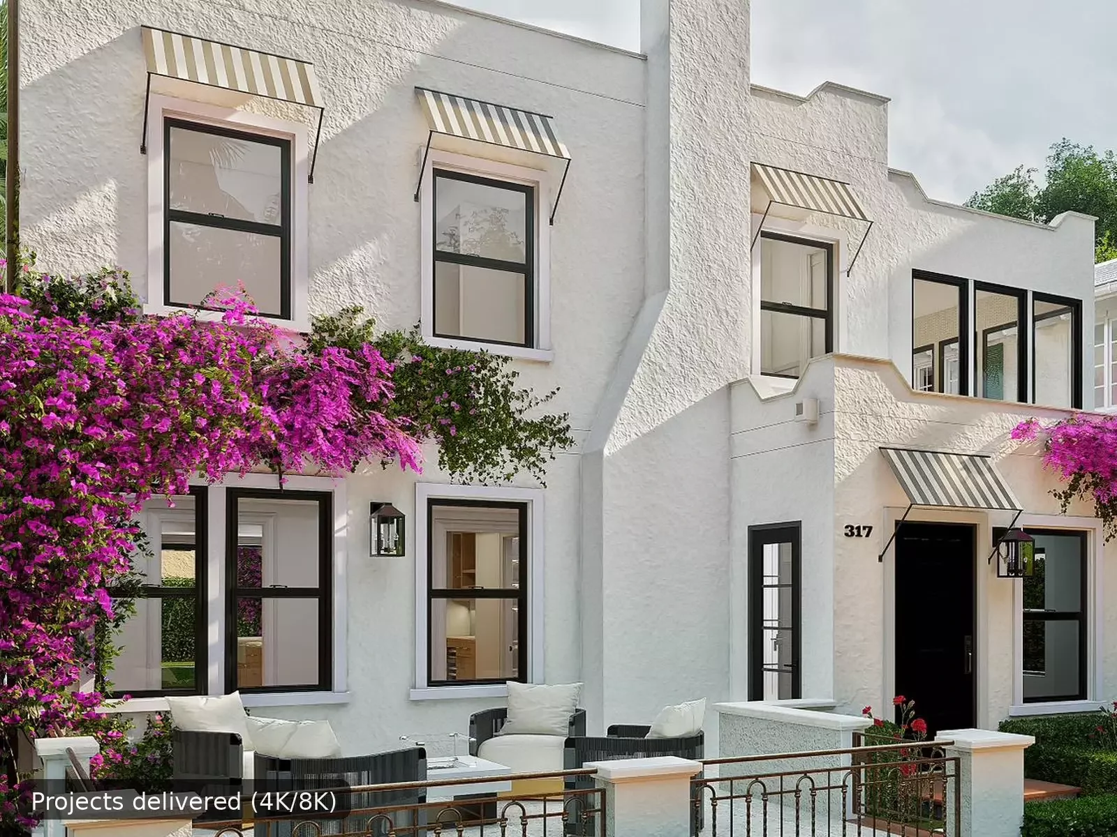 Photorealistic exterior 3D render of a white stucco home with black-framed windows, striped awnings, and pink bougainvillea, with a small “Projects delivered (4K/8K)” badge.