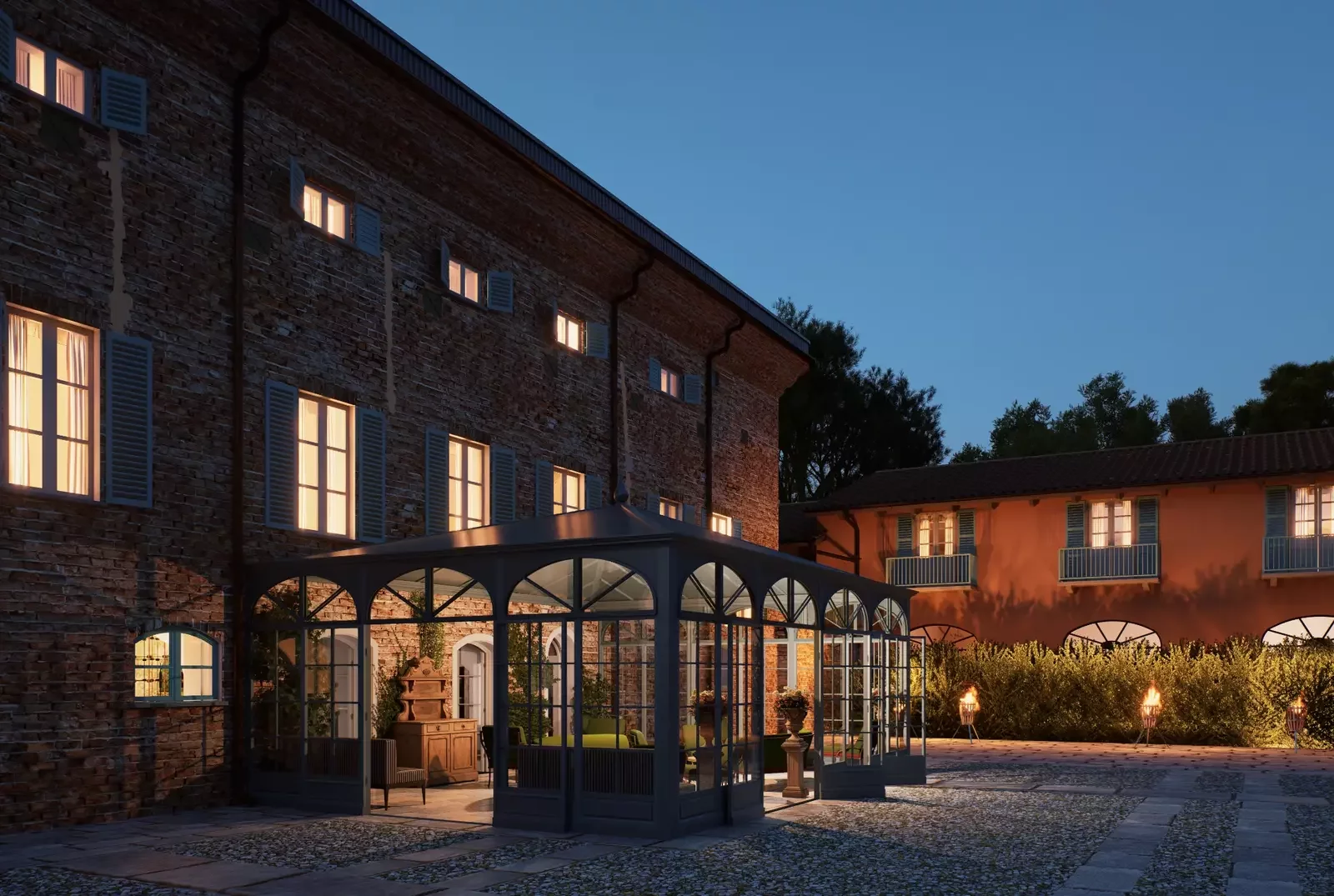 Photorealistic exterior rendering showing facade lighting and material evaluation for client approvals.