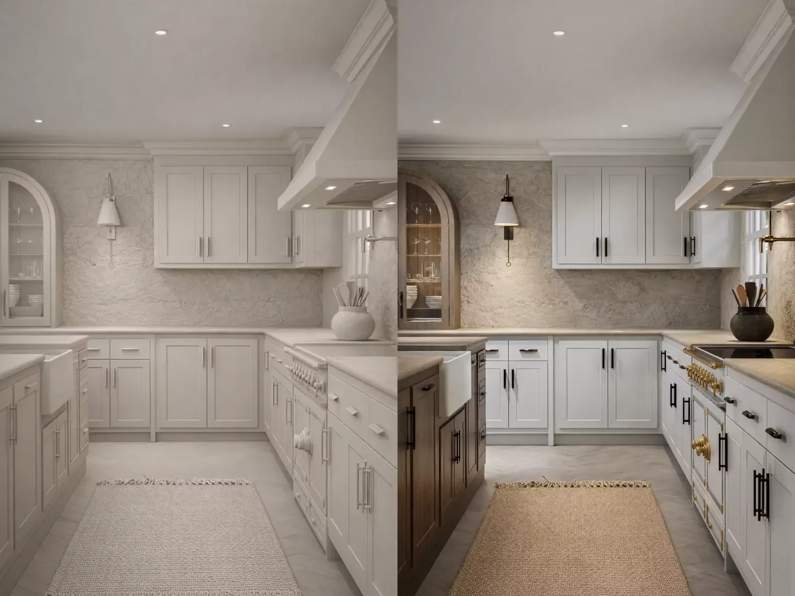 Side-by-side comparison of a photorealistic kitchen render showing material-accurate lighting and finish options.