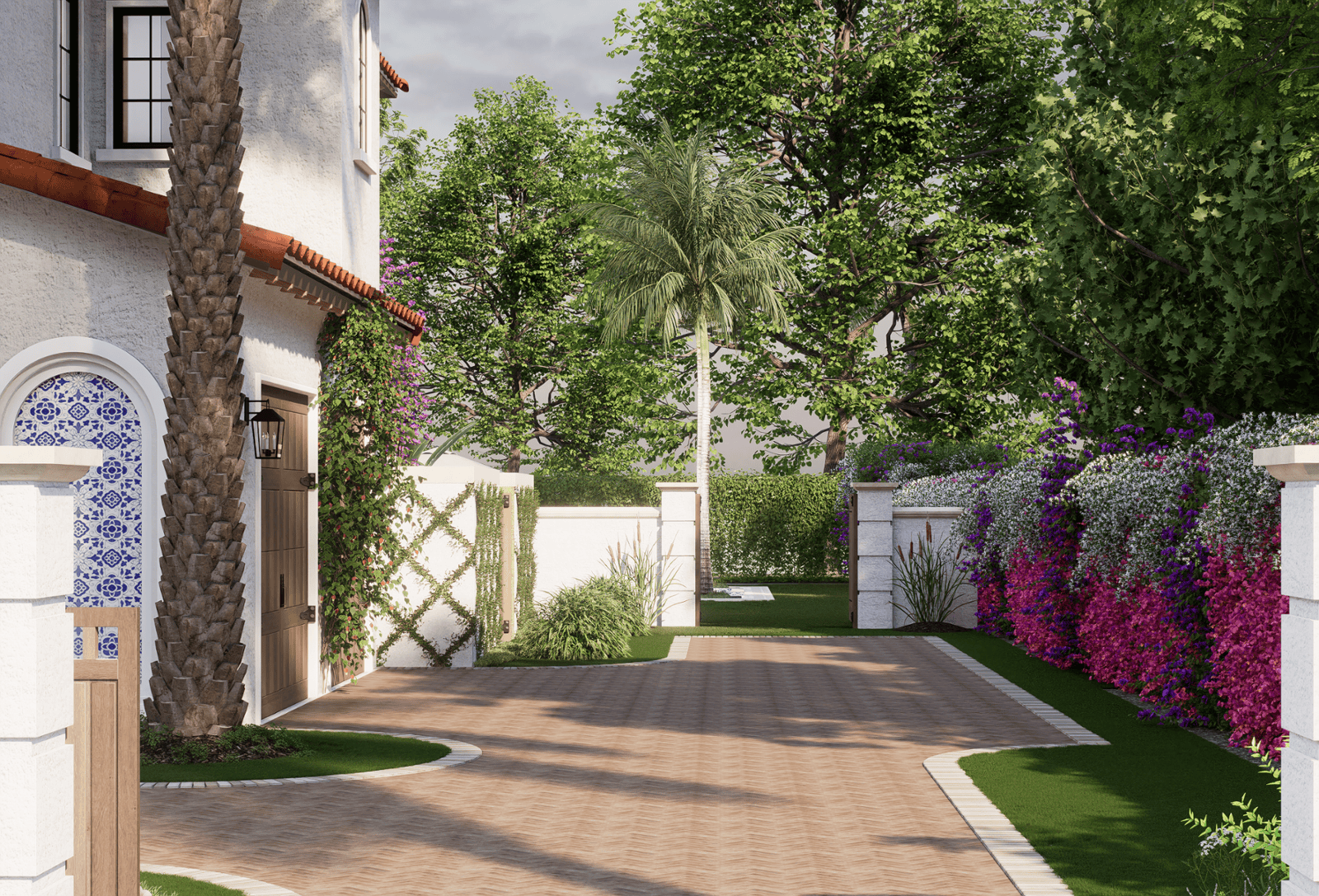 Driveway View with Decorative Tile Wall 3D Render of 221 Monroe Drive