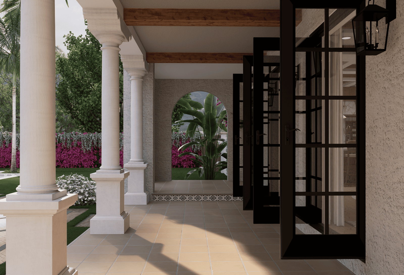 Covered Rear Deck with Arched Windows Mediterranean Home at 221 Monroe Drive