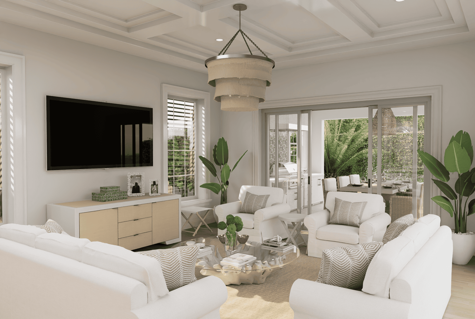 Family room interior rendering for the 309 Greymon Drive new-construction project