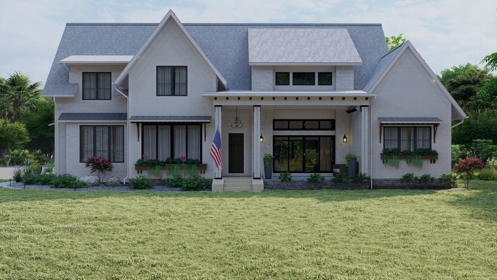Front elevation modern farmhouse rendering in Franklin Lakes New Jersey