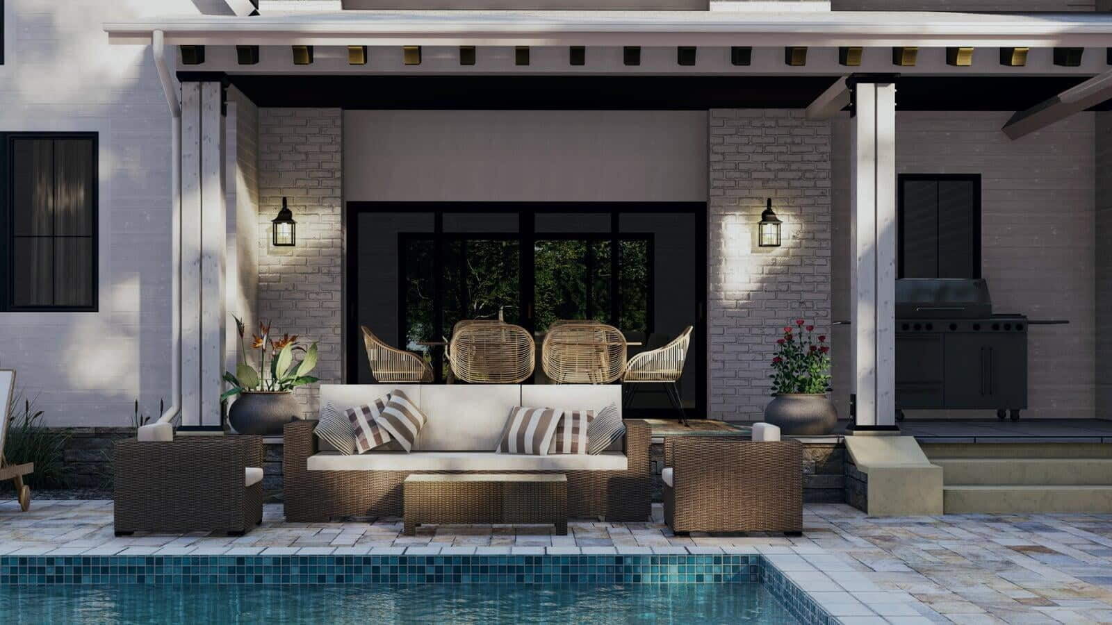 Covered patio and swimming pool architectural visualization of Franklin Lakes farmhouse